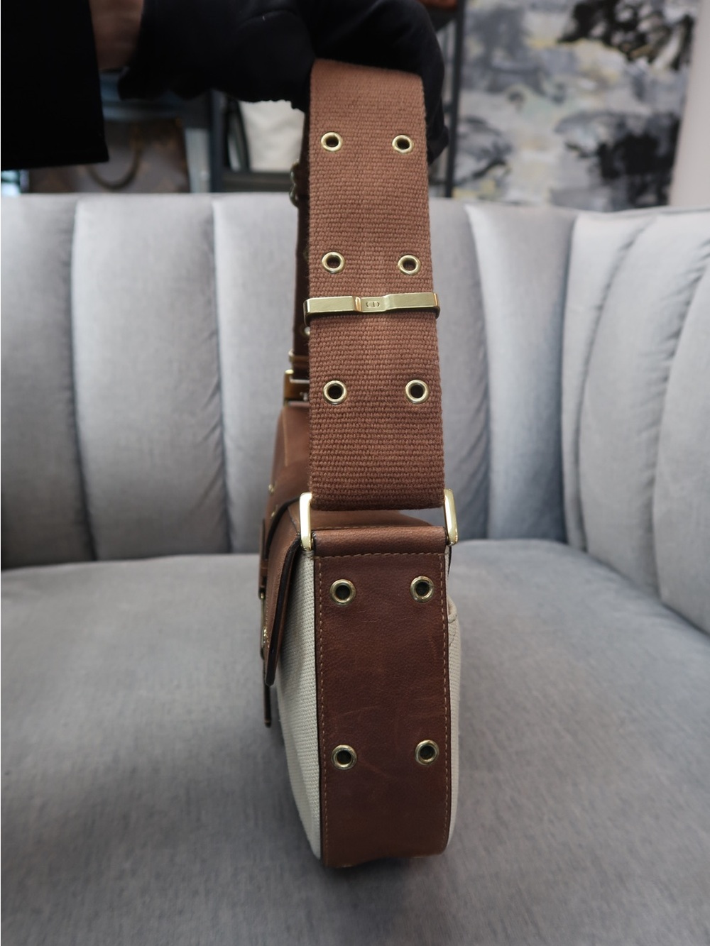 Dior Brown & Cream Canvas Shoulder Bag with Gold Hardware - Picture 7 of 10